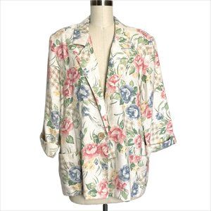 1980s linen blend floral blazer with rolled sleeves - size L